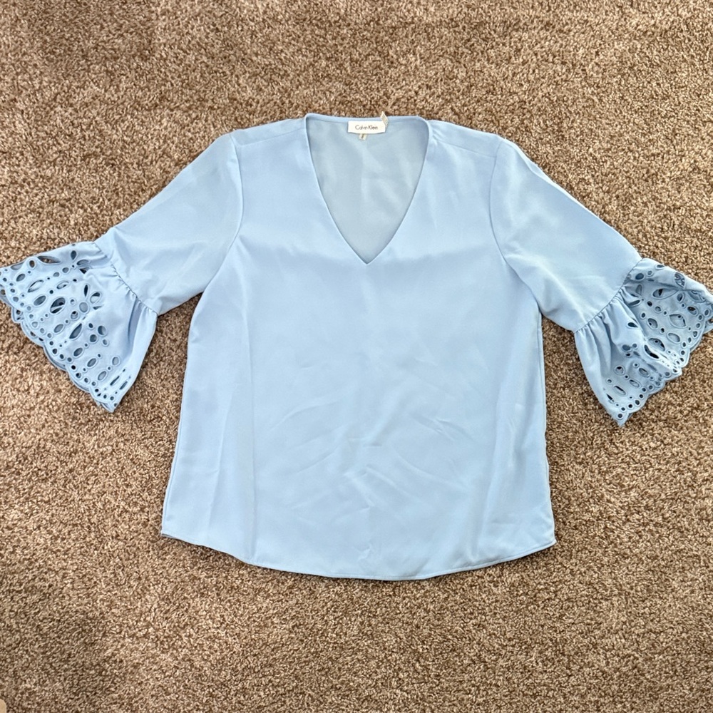 Calvin Klein Sky Blue Blouse with Eyelet Sleeves